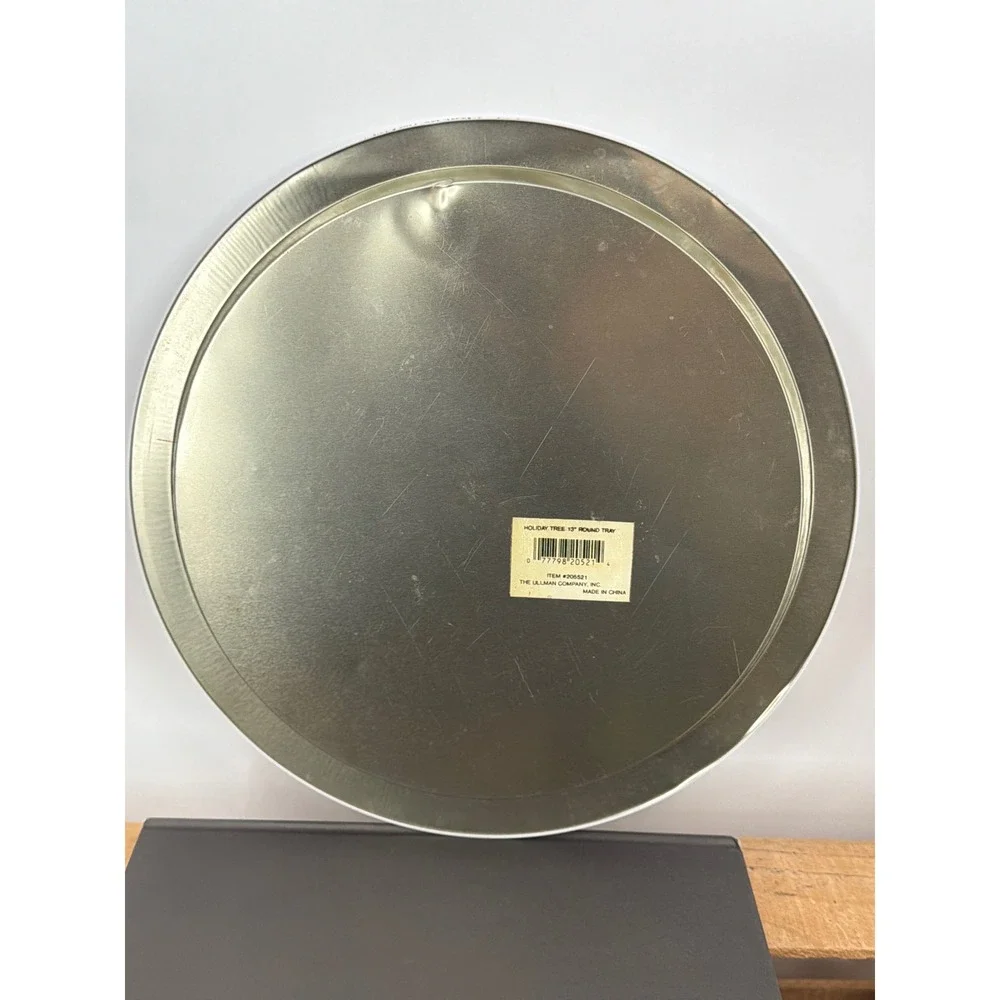 Vintage Ullman Co Christmas Tree Round Tin Serving Tray 13 Inch Holiday Decor